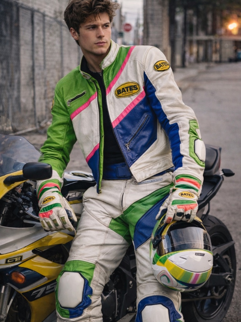Vintage Bates Leather Racing Suit Set Colorblock Jacket Pants Gloves